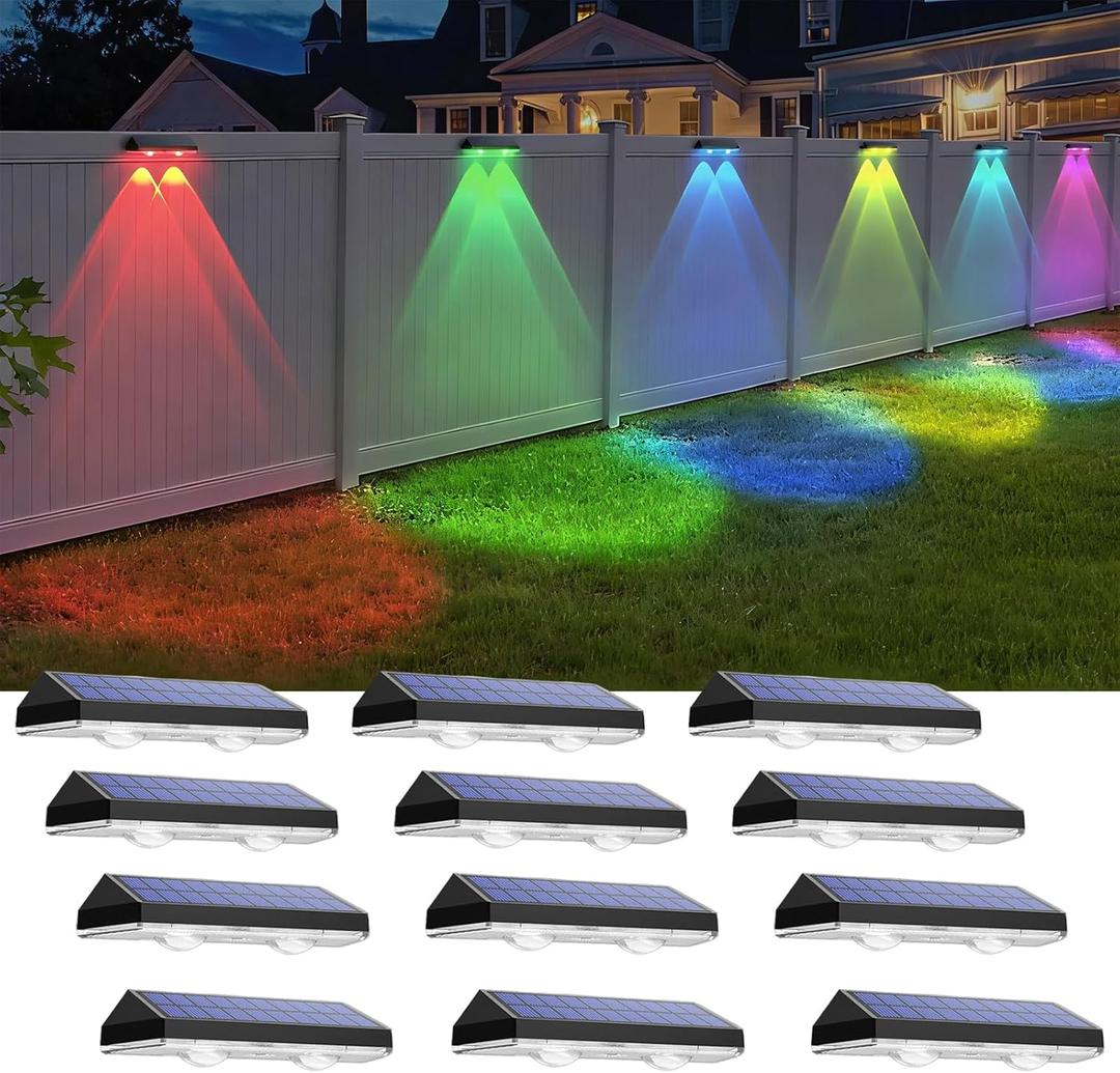 Solar Fence Lights Outdoor - Warm White & RGB 6 Color, Dusk to Dawn Solar Deck Light, Solar Lights Outdoor IP65 Waterproof, Garden Lights for Outside/Backyard/Railing/Step/Patio/Wall (12 pack)