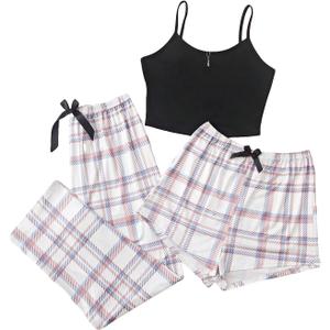 OYOANGLE Women's 3 Piece Pajama Set Cami Top and Plaid Print Shorts Pants Pj Set Loungewear (White, L)