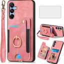 Phone Case for Samsung Galaxy A16 5G/4G Wallet Cover with Tempered Glass Screen Protector and Wrist Strap Lanyard RFID Credit Card Holder Ring Stand Cell Accessories A 16 16A SM-A166U Women Men Pink