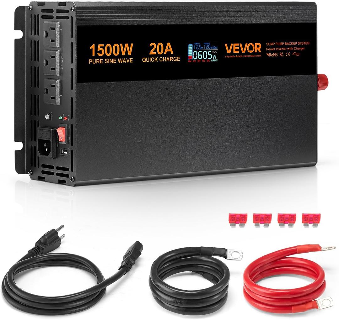 VEVOR Sump Pump Battery Backup System, 1500W, Auto Switches to Battery Inverter for Continuous Sump Pump Operation, Pure Sine Wave, LCD Display, for Basement Protection Emergency and Power Outage