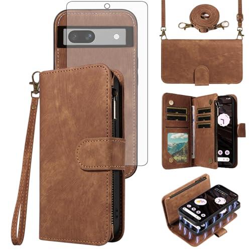 Asuwish Phone Case for Google Pixel 7A 5G 2023 Zipper Wallet Detachable Magnetic Cover with Tempered Glass Screen Protector Crossbody Lanyard Strap Flip Card Holder Slot Pixel7A A7 Women Girls Brown