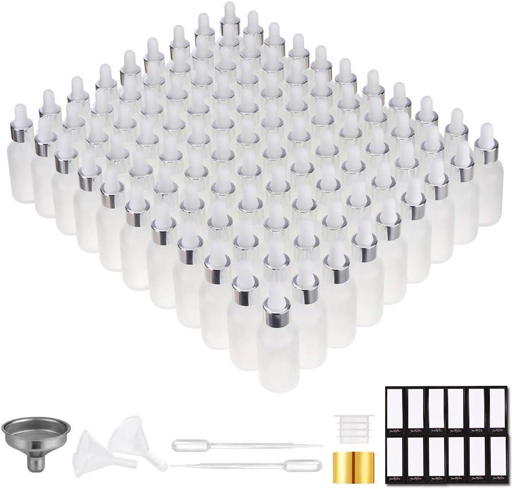 PrettyCare Glass Dropper Bottles Set of 99, 1oz (30ml) Frosted Empty Thick Bottles Bulk with Leakproof Silver Caps - With Labels & Funnels for for Storage, Travel,Essential Oils, DIY Serums