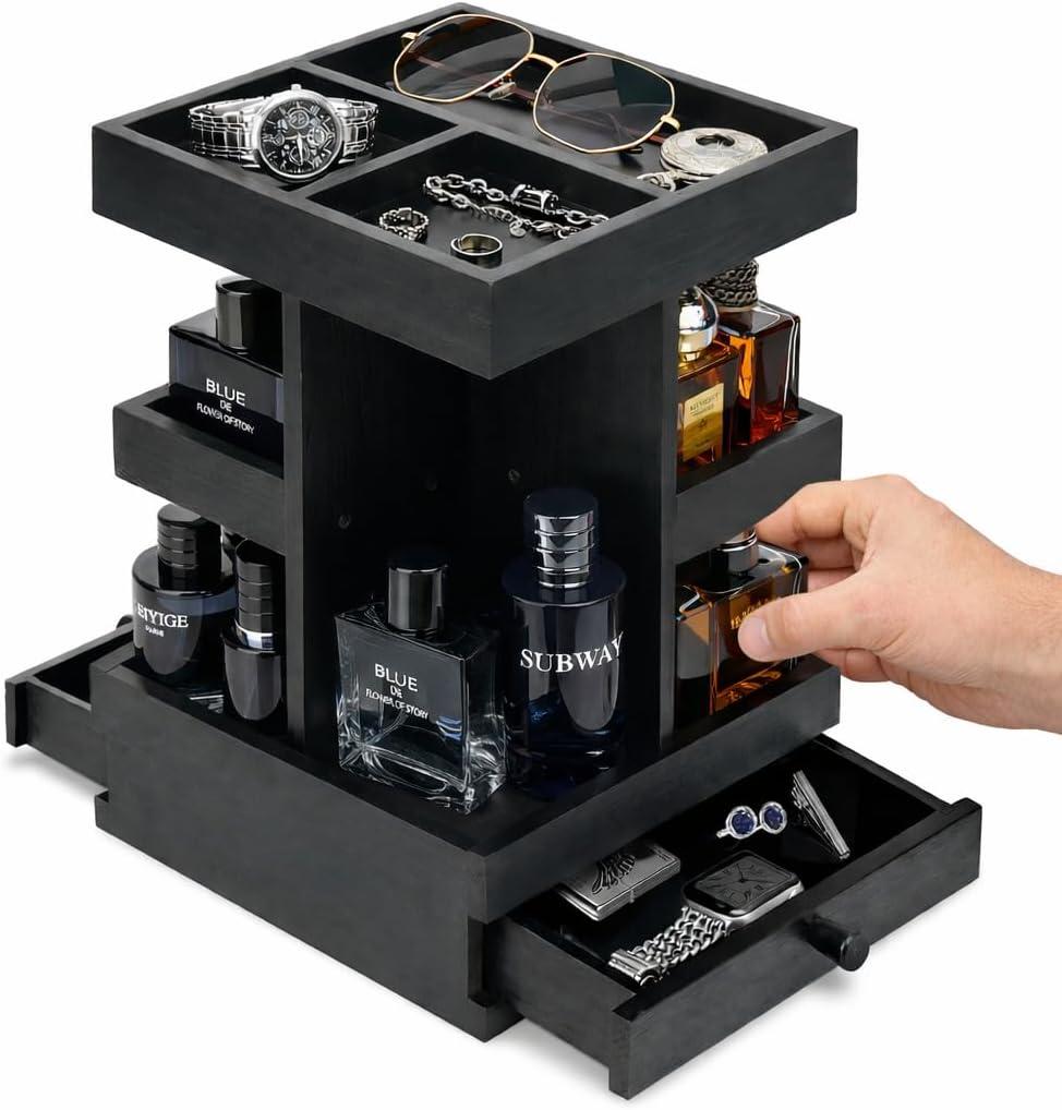 Rotating Cologne Organizer for Men Black Wooden Perfume Stand with Dual Drawers, Multi-Tier Fragrance Display & Jewelry Storage for Dresser or Bathroom