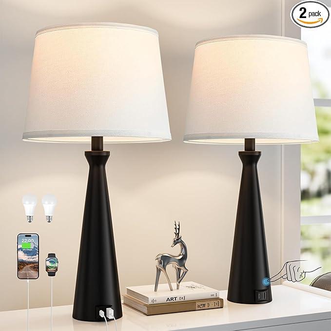 Seealle Modern Table Lamps Set of 2  Touch Bedside Lamp for Nightstand with Dual USB C+A,3Way Dimmable Black Nightstand Lamps for Living Room Bedroom End Table with Grey Shade(Bulb Included)