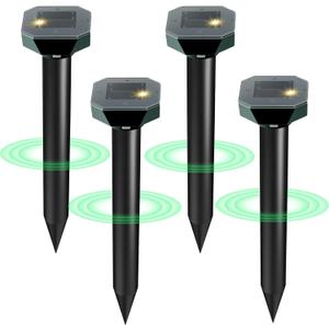 Snake & Mole & Rabbit & Skunk Repellent Solar Powered, 2025 Upgraded Ultrasonic Deterrent, IP65 Waterproof, Gopher Groundhog Chipmunk Raccoon and Vole Repellent & Deterrent for Lawn & Garden, 4 Pack