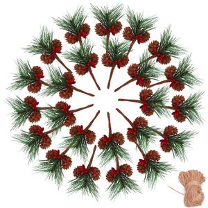Geefuun 24Pieces Christmas Artificial Pine Needle/Pick Decorations 1 Pack Jute Twine Rope - Xmas Party Gift Wrapping Decor Wreaths Arrangement Tree Ornaments Wedding Supplies