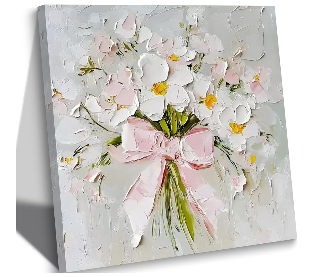 Bow Floral Canvas Wall Art Farmhouse Aesthetic Flower Poster Print Pink and White Coquette Picture Abstract Eclectic Bouquet Painting Preppy Artwork Wall Decor for Living Room Bedroom 16x16in Framed