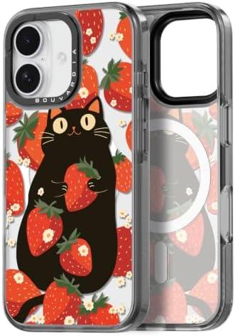 Bouvardia for iPhone 16 Case (Cat & Strawberries) | Compatible with Magsafe, Cute Girly Design for Women, Shockproof & Aesthetic