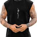 Men's Tropical Sleeveless Beach Tank Top Crew Neck Cut Off Vacation Summer Tanks (Black, M)