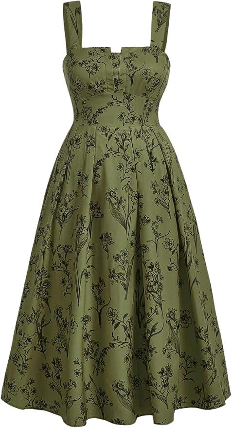 WDIRARA Women's Plus Size Floral Sleeveless A Line Dress Flared Hem Long Cami Dress 1XL