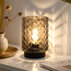 LUSHARBOR Battery Operated Lamp with Timer, Small Table Lamp for Office Desk Decor, Glass Cordless Lamp Bedside Cozy Light for Living Room Aesthetic, Entryway Wave Design-Grey