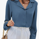 Women's Button Down Shirts Puff Sleeve Tops V Neck Work Business Casual Loose Blouse Haze Blue, XXL