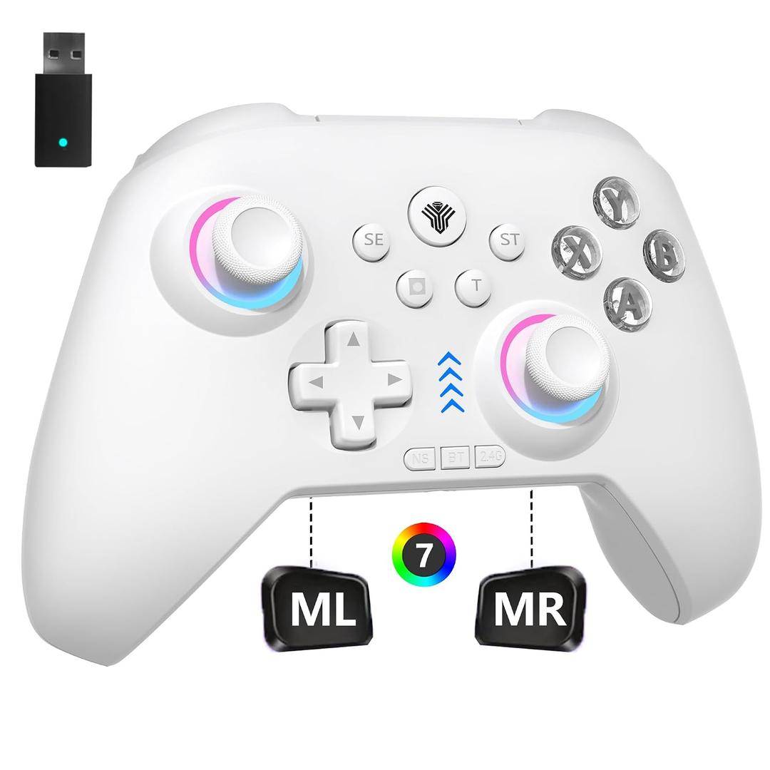 2.4G Wireless PC Controller with RGB Lighting/Programming Keys/Hall Joysticks/Hall Triggers/Vibrations,Three-Mode Switch Controller,Plug and Play Work for Windows PC, Android, Switch, Steam (White)