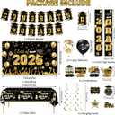 Crenics Black and Gold Graduation Decorations - Class of 2026 Backdrop, Banner, Tablecloth, Porch Banner, Haning Swirls, Honeycomb Centerpieces and Balloons for Graduation Party Supplies