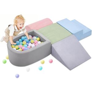 Climbing Toys for Toddlers , Foam Climbing Blocks with Ball Pit for Baby, 5-Piece Soft Toddlers Climbing Toy Indoor,Climbing Crawling Toys Soft Foam Blocks Activity Play Set(Balls not Included) (Blue/Grey)
