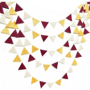 Maroon Gold Party Decorations Burgundy Beige Gold Glitter Felt Hanging Triangle Mini Bunting Pennant Banner Flag for Birthday Graduation Wedding Baby Shower Anniversary Party Nursery Classroom Decor