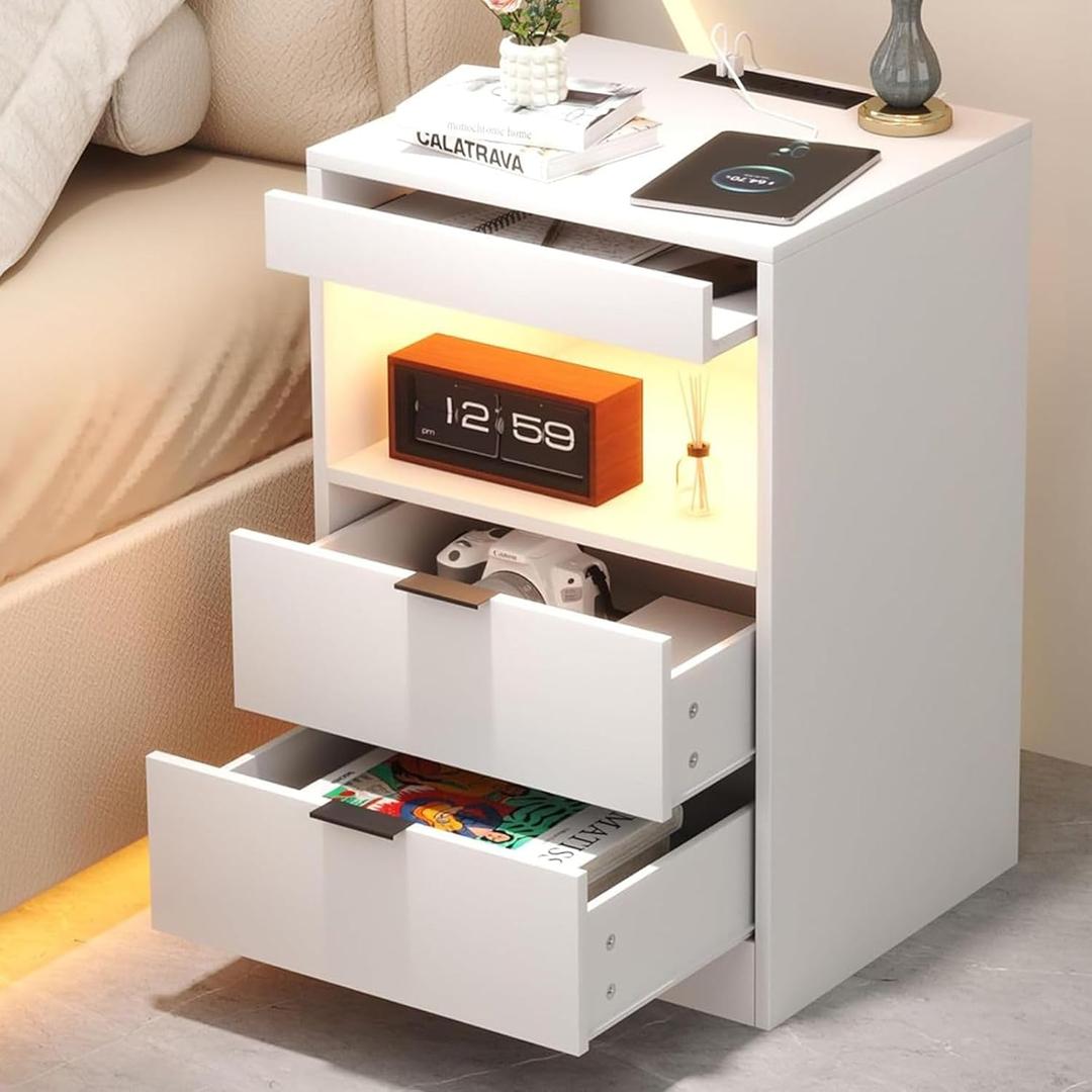 Yusong Night Stand, Bedside Table, LED Nightstand with Charging Station, Modern Night Stand, Wood Sofa Couch End Side Table with 2 Pull-Out Shelf, White