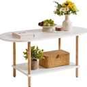 Oval Coffee Table White, Small Wooden Coffee Table for Small Space, Tea Table Stand 35 * 16 * 17 inches, 2 Tier Center Table for Living Room White YD-012W