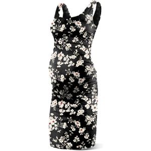 Rnxrbb S-2XL Women Summer Sleeveless Maternity Dress Pregnancy Tank Scoop Neck Mama Clothes Casual Bodycon Clothing (XX-Large, B-black Yellow Floral)