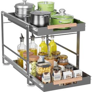 Under Sink Organizer, Pull Out Cabinet Organizer 2 Tier Slide Out Sink Shelf Cabinet Storage Metal Shelves, Sliding Under Sink Storage for Kitchen Bathroom Laundry Cabinet, Grey, 1 Pack (Gray)