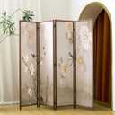 4 Panel Room Divider, 5.6 ft Tall Blackout Folding Privacy Screen - Freestanding Partition Wall with Double-Sided Patterns, Graceful Floral and Bird Artwork for Home Office (67" H x 63" W)
