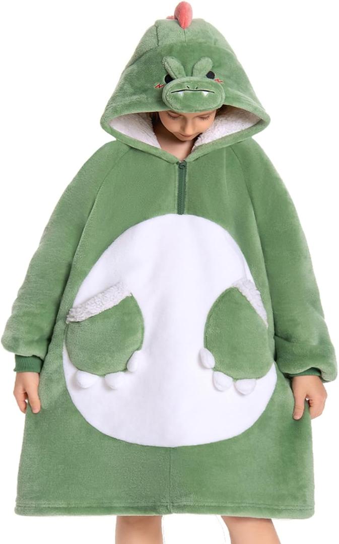 OLAOLA Wearable Blanket Hoodie for Kids - Oversized Animal Hooded Blanket - Soft Warm Cozy Sherpa Fleece Sweatshirt (Dinosaur)