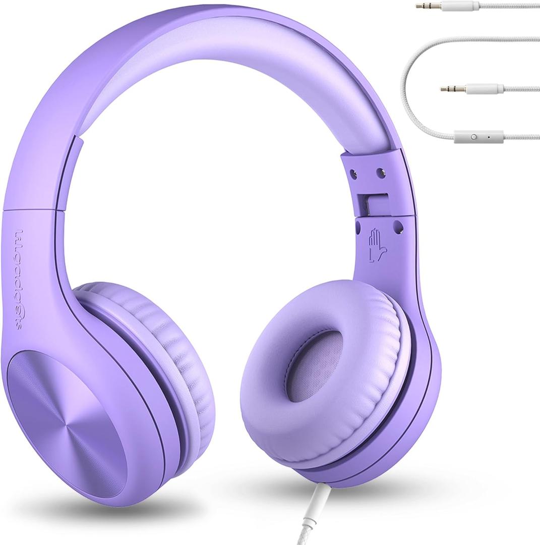 LilGadgets Connect+ Pro Wired Kids Headphones for School with Microphone, Volume Limiting Over-Ear Headset with Cord, SharePort Technology & SoftTouch Padding, Purple (Plain)