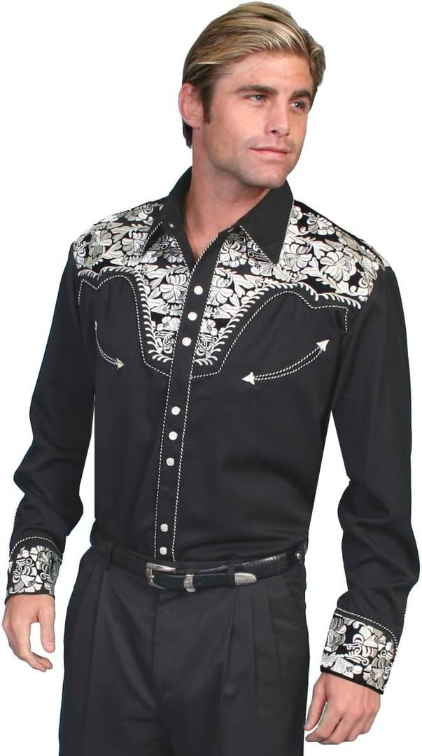 Traditional Gunfighter Floral Design Long Sleeve Western Mens Shirts (Black, M)