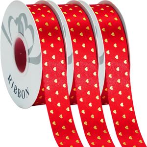 Gold Heart Print Gift Ribbon - 1 Inch 75 Yards Assorted Color Edge Satin Ribbon for Gift Wrapping, Crafts, Wedding Decorations, Christmas, Birthday Party Supplies - 3 Rolls Red