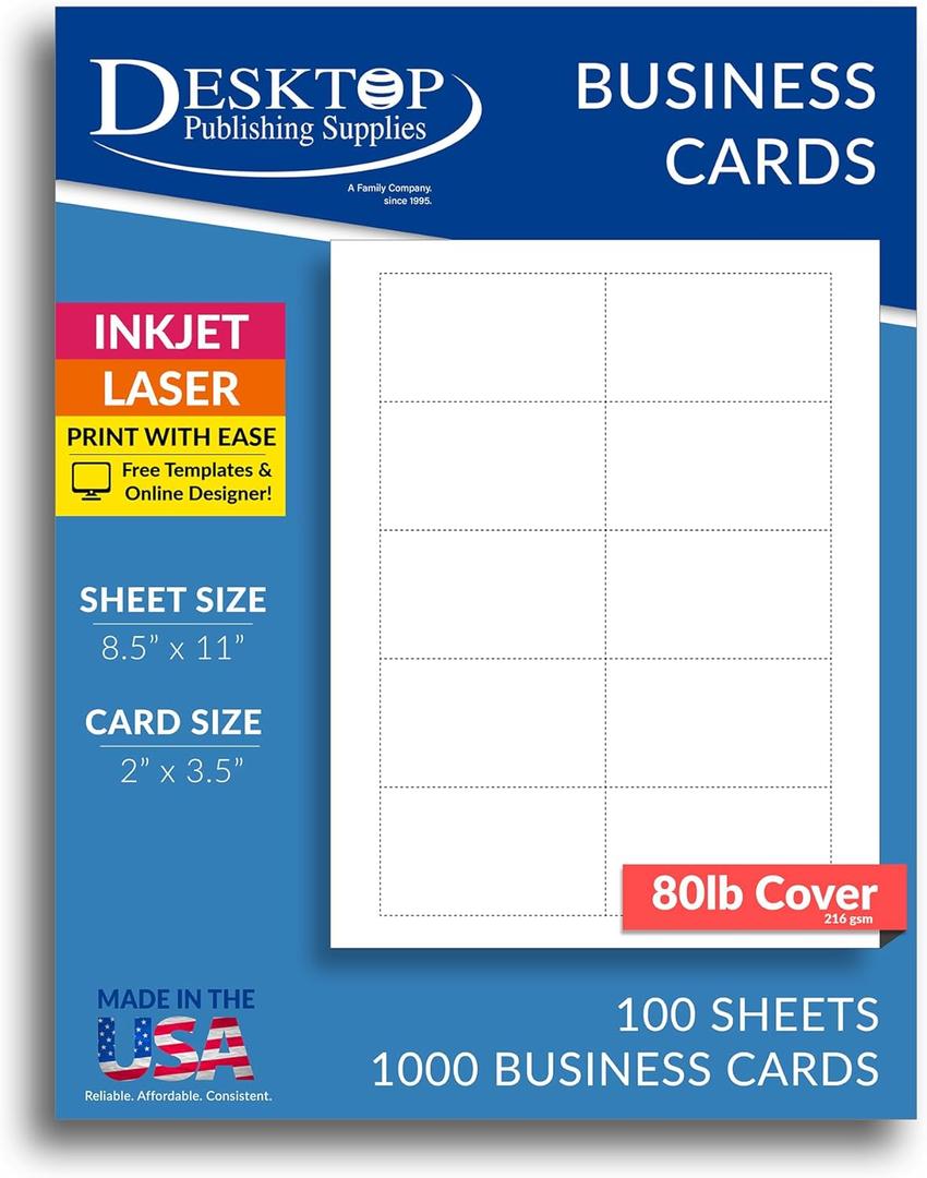 Heavyweight White Blank Business Card Paper - 100 Sheets / 1000 Business Cards - 80lb Cover / 218 gsm - Inkjet & Laser Printer Compatible - Standard 3.5 x 2 Inches