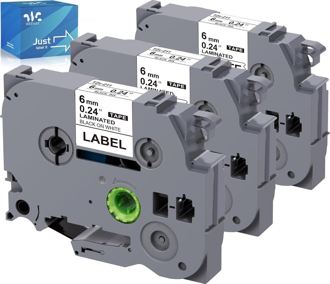 Weemay 3 Pack TZe 6mm 0.23 Laminated White TZ Tape Compatible for Label Maker Tape TZe-211 TZe211 TZ-211 TZ211 1/4 Black on White Label for PTD220 PTD600 PT-D410 PTH110BP Printer, 26.2 Feet