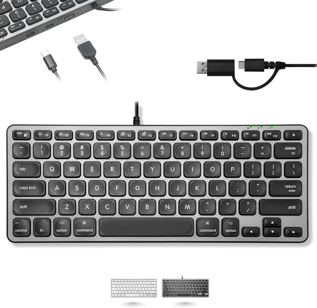 Macally Wired Keyboard for Mac with USB Hub (2X USBC / 1x USBA) - Compatible Small Apple Key Board with 2 in 1 USB Plug - for MacBook Pro/Air, Mac mini, iMac (Black)