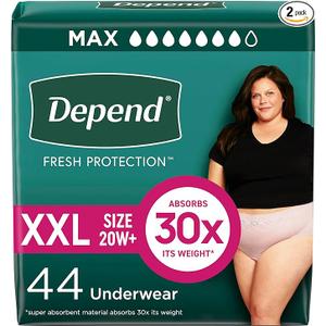 Depend Fresh Protection Adult Diapers, Incontinence & Postpartum Bladder Leak Underwear for Women, Disposable, Maximum, XXL, Blush, 44 Count (2 Packs of 22)