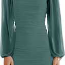 Wenrine Women's Mesh Long Sleeve Square Neck Ruched Party Club Cocktail Bodycon Mini Dress, XS