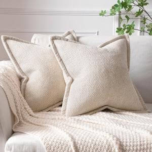 Woaboy Pack of 2 Beige Decorative Pillow Covers 18x18 Inch Soft Chenille Cross Pattern Throw Pillows with Broad Edge Farmhouse Cushion Covers for Home Decor Sofa Bedroom Living Room (18" x 18" (Pack of 2))