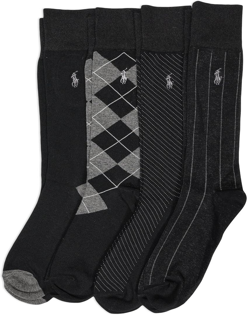 Polo Ralph Lauren Men's Assorted Pattern Dress Crew Socks-4 Pair Pack-Soft and Lightweight Cotton Comfort (6-12.5, Black)