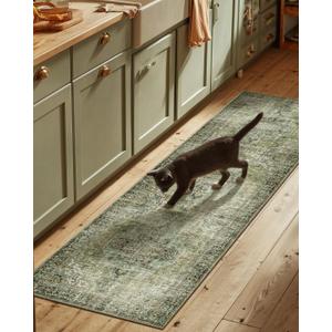 Machine Washable Kitchen Runner Rug: 2'6"x8' Hallway Rug Non Slip Low-Pile Stain Resistant Soft Carpet Runners for Entryway Hallways Kitchen Laundry Room Beside Farmhouse (Black and Green)