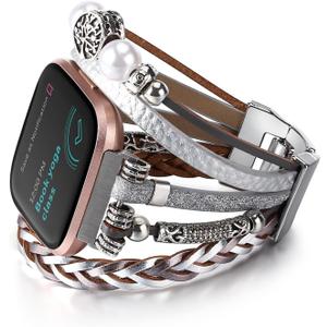 Boho Leather Bracelet Compatible with Fitbit Versa 4/Versa 3/Sense/Sense 2 Bands for Women Men, Handmade Jewelry Multilayer Wrap Strap Replacement for Fitbit Smartwatch (Silver)