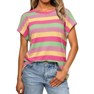 Saodimallsu Womens Striped Short Sleeve Tops Summer Casual Color Block Crew Neck Lightweight Loose Knit Shirts (Small, Pink)