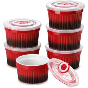 Vancasso 6 oz Ramekins with Lid, Porcelain Creme Brulee Souffle Dishes, Red Pudding Custard Cups Ramiken for Baking, Dishwasher and Oven Safe, Set of 6