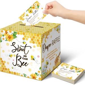Teling 51 Pieces Diaper Raffle Tickets with Card Box Baby Shower Decorations Baby Shower Holder Box for Girl Boy Diaper Raffle Party(Bee)