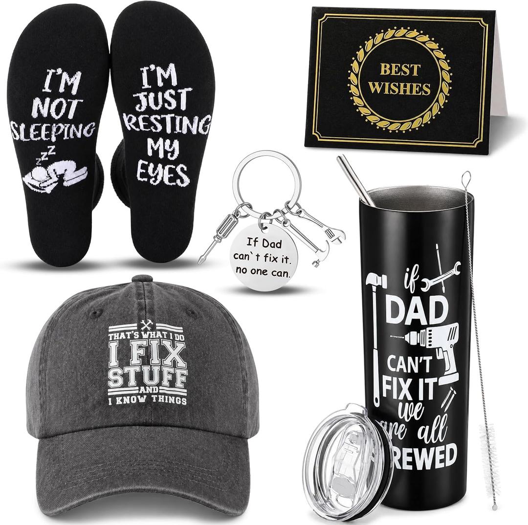 Sieral 5 Pcs Father's Day Birthday Gifts Dad Fix Gift Box Happy Birthday Gift Ideas Includes Cap, Tumbler, Keychain, Card and Sock Suitable for Father's Day, Christmas