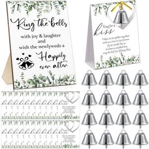 Tandefio 50 Sets Wedding Party Favors Including 1 Ring The Bells Wood Sign 50 Mini Silver Kissing Bells with 50 Seating Place Cards and Twist Ties Wedding Reception Gifts Thank You Gift for Guest