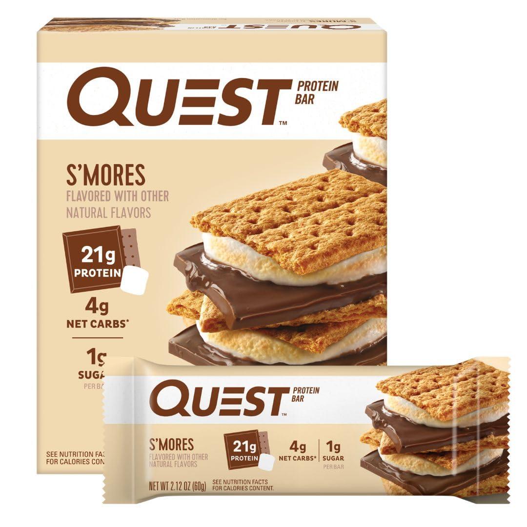 Quest Nutrition S'mores Protein Bar, 21g Protein, 4g Net Carbs, 1g Sugar, Gluten Free, Keto Friendly, 4 Count, Best By: 11/07/2025