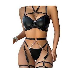 Lilosy Sexy Pu Leather Strappy Underwire Garter Belt Lingerie Set, Size Medium, Black