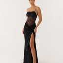 Women's Sexy Lace Maxi Dress High Split Spaghetti Strap Backless Wedding Guest Cocktail Formal Dresses (Black, L)