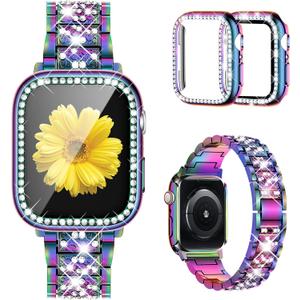 Mesime Compatible for Apple Watch Band with Screen Protector Case, Jewelry Replacement Bands 46mm 45mm 44mm 42mm 41mm 40 mm 38mm 2 Pack Protective Cover for iWatch Series 11/10/9/8/7/6/5/4/3/2/1/SE Women (Colorful)