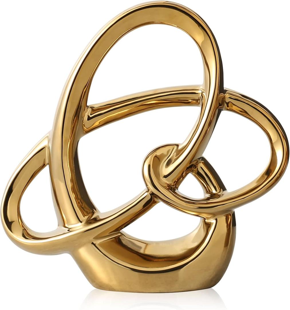 Modern Gold Knots Decor Ceramic Statue - Abstract Home Accent & Tabletop Figurine for Living Room, Bedroom, Bathroom, Office, Shelf, Mantel - Wedding, Coffee Table, Dining Room Centerpiece Decoration (Small)