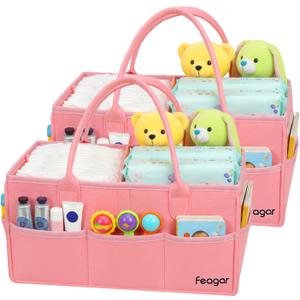 Feagar Baby Diaper Caddy Organizer, 15 Inch Large 2 Pack Set with 8 Pockets & 2 Dividers, Portable Nursery Storage Basket & Car Organizer for Changing Table, Travel (Pink)