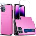 for iPhone 14 Pro Max Case Card Holder Slot 6.7 inch Wallet Phone Cover, 1 Tempered Glass Screen Protector+1 Camera Lens Protector Rose Pink